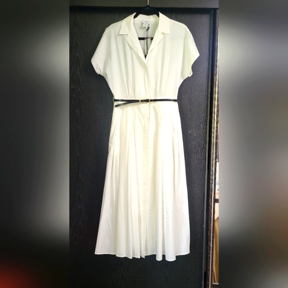 Nicole Miller Cream Midi Shirt Dress with Black Belt